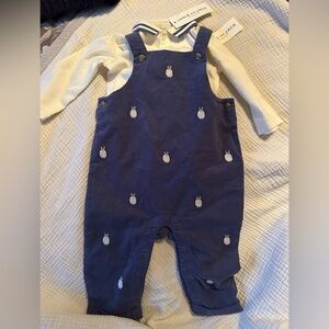 Janie and Jack Blue penguin overalls & Polo Long Sleeve Onesie